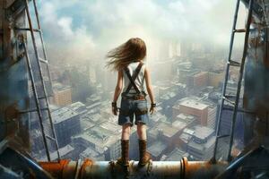 Industrial climber girl skyscraper. Generate Ai photo