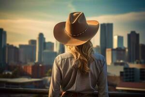 Cowboy woman wild west skyscrapers movie. Generate Ai photo