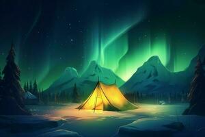 Illuminated tent aurora green. Generate Ai photo