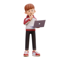 3d male character thinking and working on a laptop png