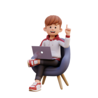 3d male character get an idea while sitting on a sofa and working on a laptop png