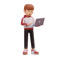 3d male character standing confused working on a laptop png