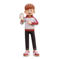 3d male character holding and pointing to a smart phone with empty screen png