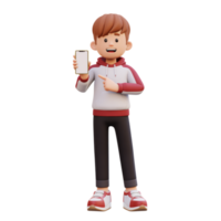 3d masculino personagem segurando e apontando para uma inteligente telefone com esvaziar tela png