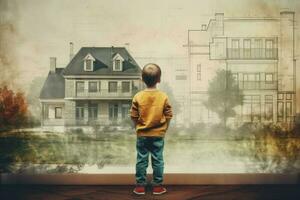 Architect house plan child boy play. Generate AI photo