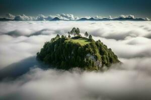 Floating island clouds fog. Generate Ai photo