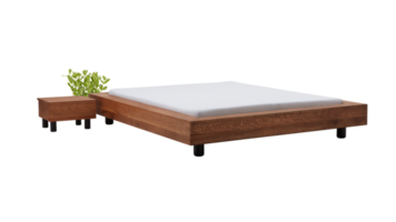 wooden bed with a mattress and an empty wooden table isolated transparent background png