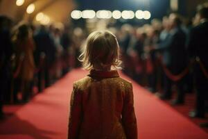 Child girl in jacket red carpet. Generate AI photo