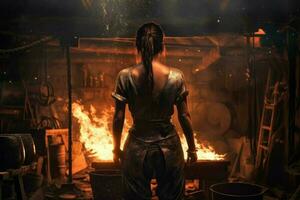 Blacksmith woman forge. Generate Ai photo