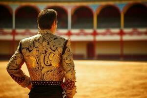 Bullfighter man fight bull. Generate Ai photo