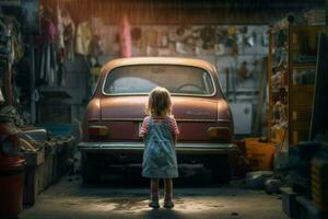 Car mechanic child girl garage. Generate Ai photo
