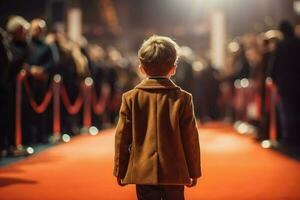Child in jacket red carpet. Generate AI photo