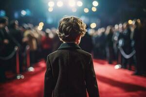 Child boy in jacket red carpet. Generate AI photo