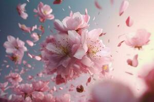 Cherry flowers petal flying sky. Generate Ai photo