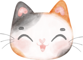 Cute cheerful calico kitten cat happy face cartoon character watercolour hand drawing png