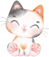 Cute playful calico kitten cat happy cartoon character watercolour hand drawing png