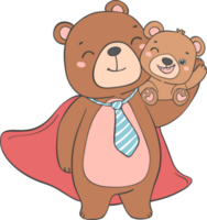 Cute super Hero Daddy bear and happy baby bear father's day cartoon animal character outline doodle drawing png