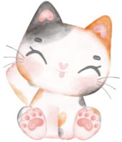 Cute playful calico kitten cat happy cartoon character watercolour hand drawing png