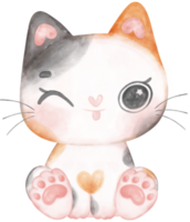 Cute playful calico kitten cat happy cartoon character watercolour hand drawing png