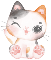 Cute playful calico kitten cat happy cartoon character watercolour hand drawing png