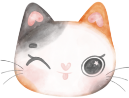 mignonne de bonne humeur calicot chaton chat content visage dessin animé personnage aquarelle main dessin png