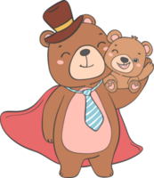 Cute super Hero Daddy bear and happy baby bear father's day cartoon animal character outline doodle drawing png