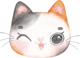 schattig vrolijk calico katje kat gelukkig gezicht tekenfilm karakter waterverf hand- tekening png