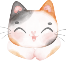 Cute cheerful calico kitten cat happy face cartoon character watercolour hand drawing png