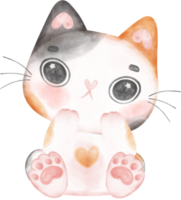 Cute playful calico kitten cat happy cartoon character watercolour hand drawing png