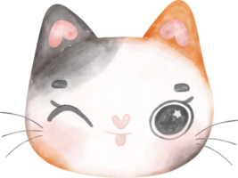 mignonne de bonne humeur calicot chaton chat content visage dessin animé personnage aquarelle main dessin png