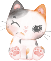 Cute playful calico kitten cat happy cartoon character watercolour hand drawing png