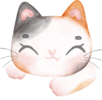 Cute cheerful calico kitten cat happy face cartoon character watercolour hand drawing png