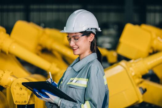 robótico ingeniero conducta regular mantenimiento por inspeccionando, pruebas, y corriendo software prueba a garantizar robot permanecer en estándar condición.grabación, informes dañado, incompleto artículos a supervisor foto
