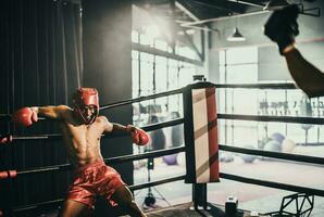 Boxer utilizar varios puñetazo combinaciones, incluso el pinchazo, gancho, uppercut, cruz, balancearse, derecho. consiguiendo en cerca a hacer adversario en cuerdas y knockear. boxeo campeones ganar el redondo en boxeo anillo foto