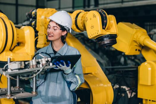 robótico ingeniero conducta regular mantenimiento por inspeccionando, pruebas, y corriendo software prueba a garantizar robot permanecer en estándar condición.grabación, informes dañado, incompleto artículos a supervisor foto