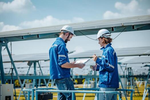 Solar engineers visually examine panel arrays on farm sites using blueprints and drawings to ensure that the alignment, surface, sunlight access, and structural stability meet standard requirements. photo