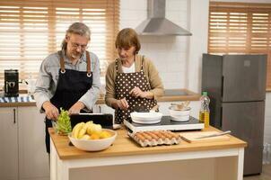 Couples in their golden years cook together. Deep talk can bring back vivid memories and romantic times. There is still a sense of fun, mutual understanding, commitment, support, and reliability. photo