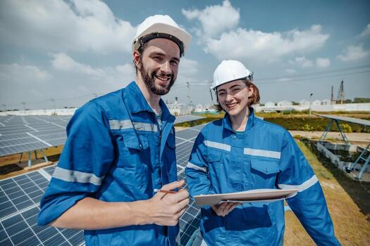 Solar engineers visually examine panel arrays on farm sites using blueprints and drawings to ensure that the alignment, surface, sunlight access, and structural stability meet standard requirements. photo