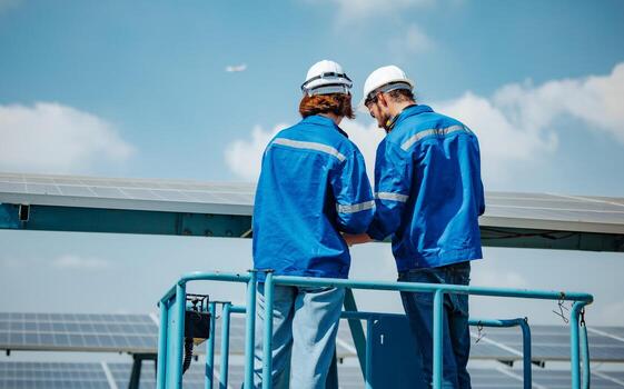 Solar engineers visually examine panel arrays on farm sites using blueprints and drawings to ensure that the alignment, surface, sunlight access, and structural stability meet standard requirements. photo