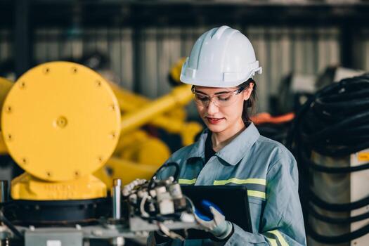 robótico ingeniero conducta regular mantenimiento por inspeccionando, pruebas, y corriendo software prueba a garantizar robot permanecer en estándar condición.grabación, informes dañado, incompleto artículos a supervisor foto
