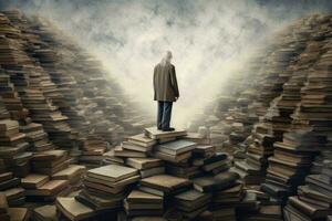 Poet old person near books. Generate Ai photo