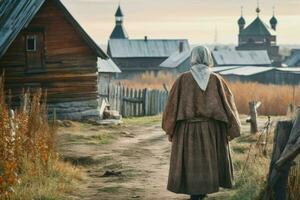 Russian woman old village. Generate Ai photo