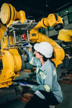 robótico ingeniero conducta regular mantenimiento por inspeccionando, pruebas, y corriendo software prueba a garantizar robot permanecer en estándar condición.grabación, informes dañado, incompleto artículos a supervisor foto