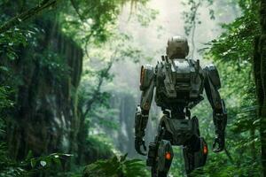 Robot in abandoned city green jungle. Generate Ai photo