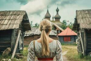 Russian fashion woman old village. Generate Ai photo