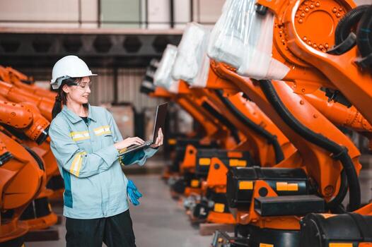 robótico ingeniero conducta regular mantenimiento por inspeccionando, pruebas, y corriendo software prueba a garantizar robot permanecer en estándar condición.grabación, informes dañado, incompleto artículos a supervisor foto