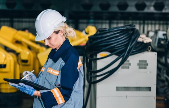 robótico ingeniero conducta regular mantenimiento por inspeccionando, pruebas, y corriendo software prueba a garantizar robot permanecer en estándar condición.grabación, informes dañado, incompleto artículos a supervisor foto