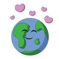 Cute cartoon planet earth with hearts in color vector