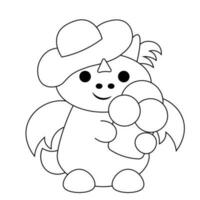 Cute cartoon dragon in a beach hat and with ice cream in black and white vector