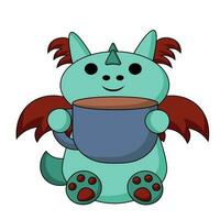 Cute cartoon dragon with large mug in color vector